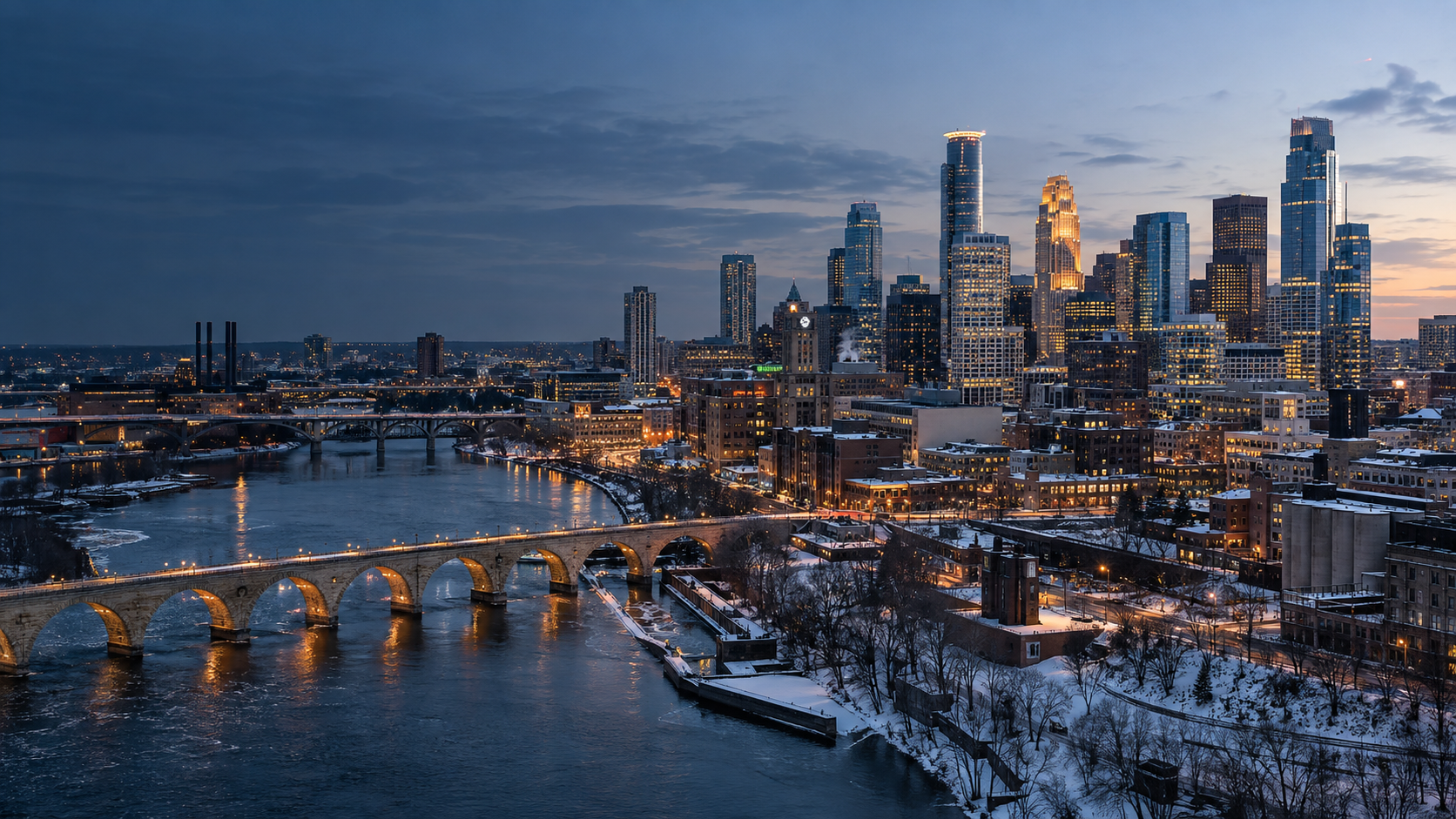 Minneapolis skyline and Stone Arch Bridge in winter at blue hour
